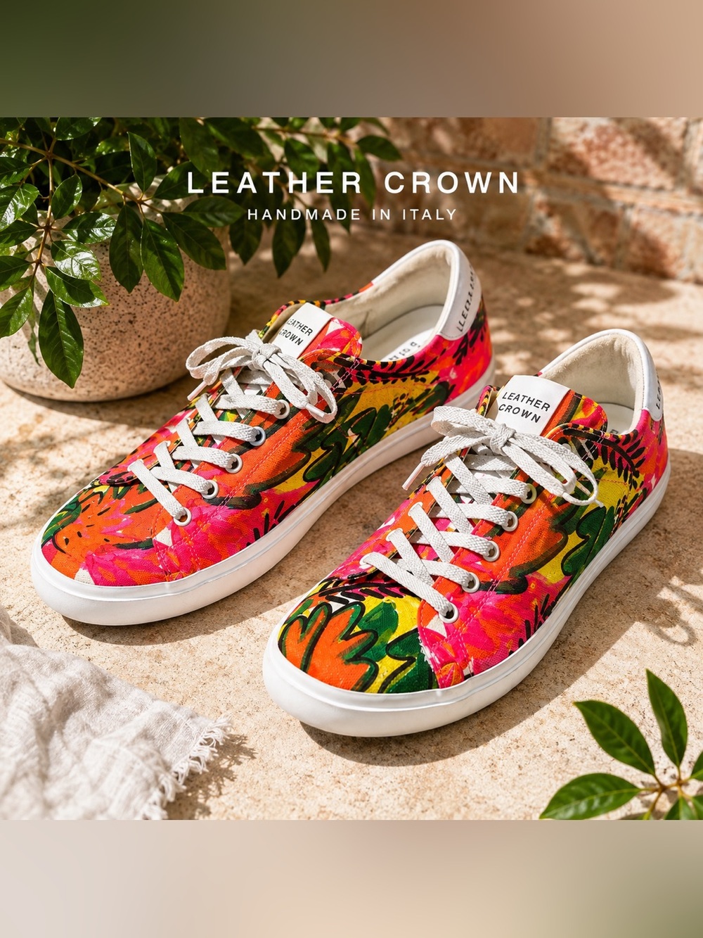 Leather Crown Handmade in Italy Sz 9 Floral Canvas Sneakers Dopamine #15